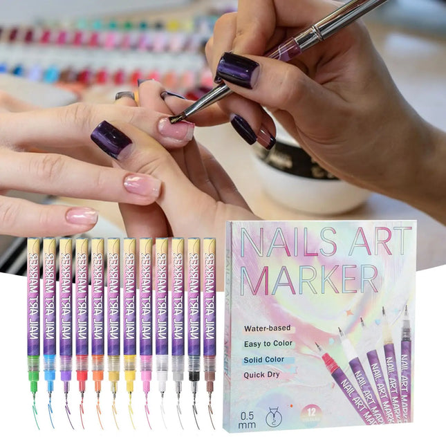 12Pcs/Set Nail Arts Drawing Graffiti Nail Polish Waterproof Painting Liner Pen DIY Abstract Lines Flower Nail Manicure Tools