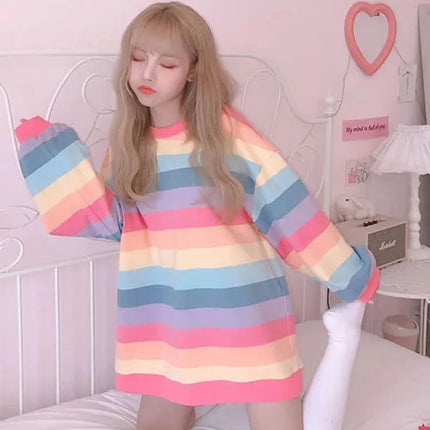 Women's Rainbow Striped Long-Sleeve Hoodless Jacket Harajuku Style Korean Version Loose Thin Shirt for Female Students
