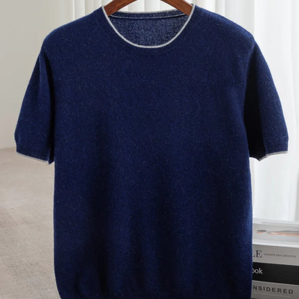 2025 Spring/Summer New Fashion O-Neck Knit Short Sleeve Spliced Business Casual T-Shirts Men's Clothing Loose Tops England Tees