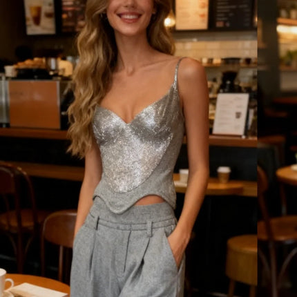 Chic Sequin Patchwork Mini Sling Top Women Solid Belt Waist Cinching Sleeveless Short Vest 2026 Lady Daily Street Outerwear New