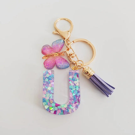 Fashion Butterfly Fringe Initial Keychain Drop Glue Blend Sequin A-Z26 Letter Keychain Cute Ladies Student Bag Accessory Gift
