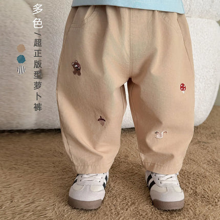 2026 Fall New Toddler Kids Pants Cotton Cartoon Embroidered Harem Pants Baby Boy Casual Striped Denim Baggy Trousers