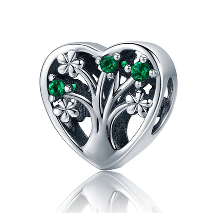 Bamoer 925 Sterling Silver Green Transparent Clover Beads The Tree of Life Family Pendant Plant Charms for Women Necklace DIY