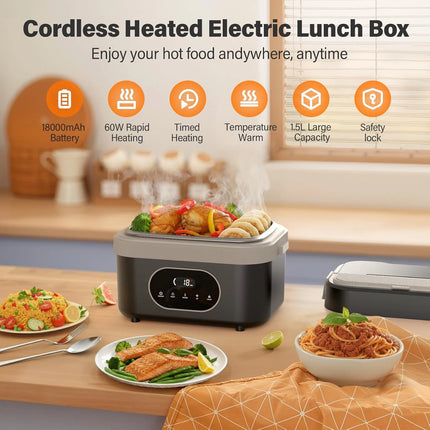 1.5L Electric Heated Lunch Box for Adults 60W Heated with Temp 18000mah Display Portable Food Warmer for Work Car or home