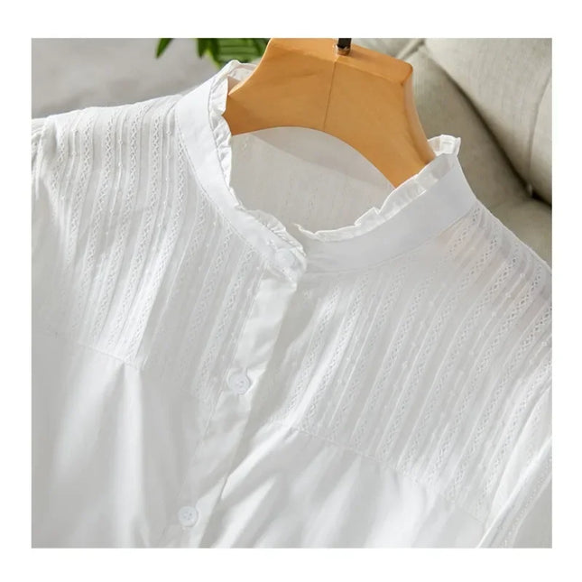 French Retro White Blouse: Floral Jacquard Notch Collar Oversized Shirt for Women, Korean Style Breathable Plus Size Top