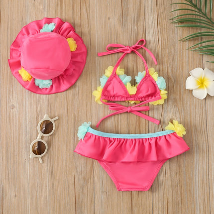 Infant Baby Girls Three-piece Bathing Suit, Flower Halter Neck Swimming Tops, Bottoms and Sun Protection Cap
