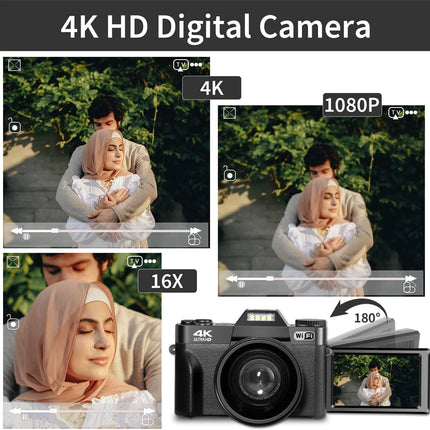 4K Digital Camera for Photography 16X Digital Zoom Vlogging Camera for YouTube 64MP WiFi Auto Focus Video Camera 3" Flip Screen