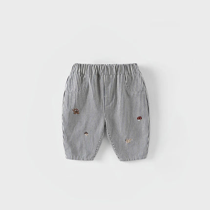 2026 Fall New Toddler Kids Pants Cotton Cartoon Embroidered Harem Pants Baby Boy Casual Striped Denim Baggy Trousers