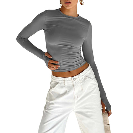 Basic Crewneck Casual Crop Tops for Women Y2K Solid Skinny Long Sleeve Slim Fit Stretchy Cropped Tees T-Shirts with Thumb Holes