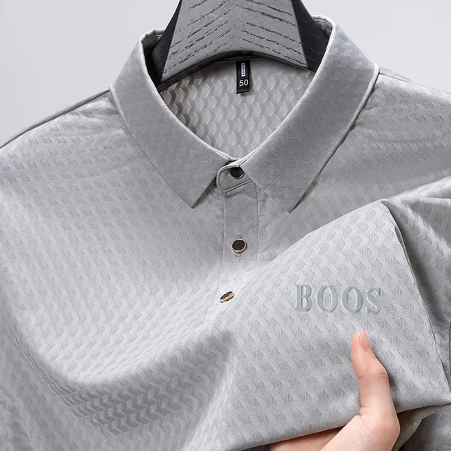 Summer Man Short-Sleeved Polo Shirt Lapel Button Letter Print Wavy Jacquard Design Casual Snug Middle-Aged Minimalist Mens Shirt