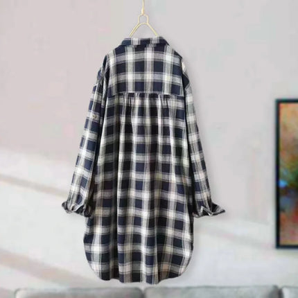 Long-sleeved shirt jacket for women retro large size loose butt-covering long cotton and linen top with plaid shirt