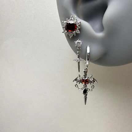 Punk Red Zircon Heart Wings Drop Earrings for Women Men Sweet Cool Metal Crystal Cross Piercing Earrings Y2K Jewelry Accessories