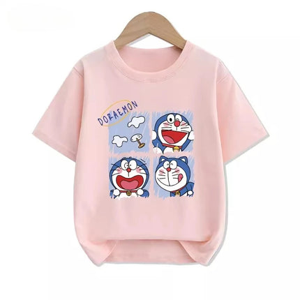 Potdemiel Summer New Doraemon Print Children's Pure Cotton T-Shirt, Boys and Girls Comfortable and Breathable Kids' T-Shirt