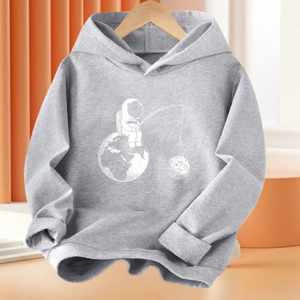 Boys 3-14Year Cartoon Space Astronaut Fishing The Moon Long Sleeve Hoodie Children Funny Tops Kids Cotton Basic Coat