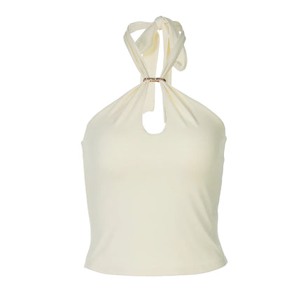 Hugcitar Women's Fashion Halter Solid Loop Backless Bandage Sexy Crop Tank Top 2025 Summer Casual Clothes Streetwear Vacation Club