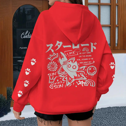 Japanese Style Cat Print Hoodies Women Men Harajuku Animal Streetwear Vintage Kitten Design Y2K Sudaderas