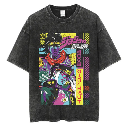 Vintage Washed TShirt Men Summer Hip Hop Streetwear T-shirt JoJo Bizarre Adventure Anime Print Cotton Casual Short Sleeve Tshirt
