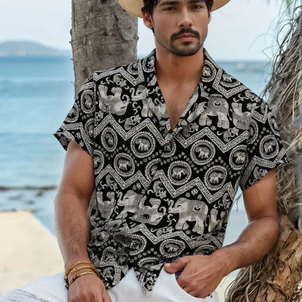 Summer 2025 Men's Short-sleeved Shirt With Black And White Stripes And Collection Pattern Print Single-breasted Fashion Shirt