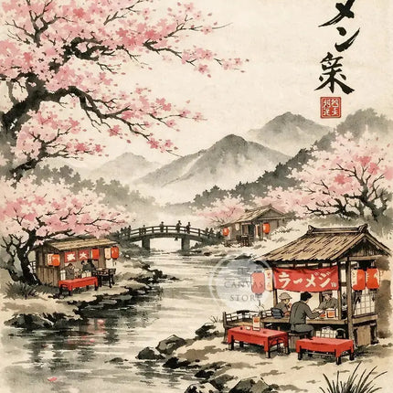 Japanese Ink Painting Landscape Spring Cherry Blossoms Canvas Print Asian Style Wall Art Poster for Living Room Home Decor Gift