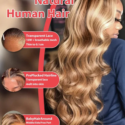 250 Density Highlight Ombre Human Hair 13x6 HD Lace Frontal Wigs Body Wave 4/27 13x4 Lace Front Wig Loose Water Brown Brazilian