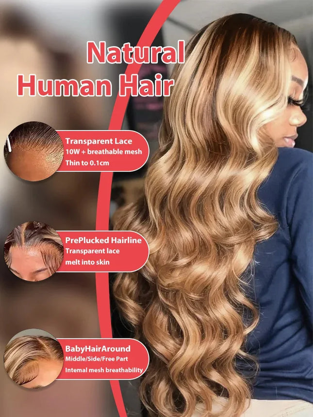 250 Density Highlight Ombre Human Hair 13x6 HD Lace Frontal Wigs Body Wave 4/27 13x4 Lace Front Wig Loose Water Brown Brazilian