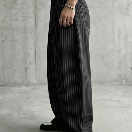Vintage Pinstripe Mens Oversized Barrel Banana Wide Leg Trousers Anti-Wrinkle Baggy Loose Striped Pants Polyester Spandex Blend