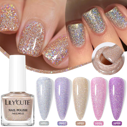 LILYCUTE 7ml Nail Polish Holographic Reflective Colorful Shining Effec Manicure Nail Art Varnish No Need Lamp Air Dry
