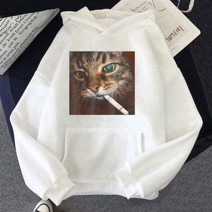 Funny Smoking Cigarette Cat Meme Hoodie Kawaii Funny Women Hoodies Autumn Winter Clothes Aesthetic Sweatshirt Vintage