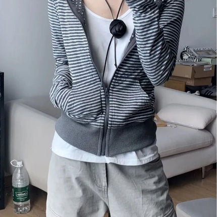 2000S American Vintage Striped Loose Long Sleeve Hooded Sweatshirt Y2k Subculture Casual Zip Up Hooded Cardigan Harajuku Coats