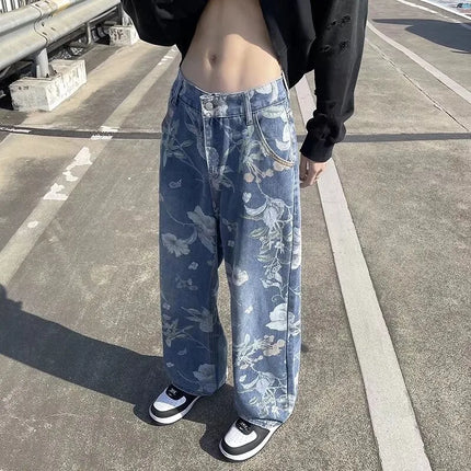 Spring Printed Jeans Korean Style Men's Floral Denim Pants High Street Loose Straight Trousers for Couples Baggy Hosen Herren