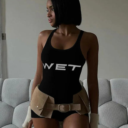 Summer 2025 Women's Sexy Sport Romper White Sleeveless Playsuits Letter Print Subtranslucent Slim Fit Raceback Design