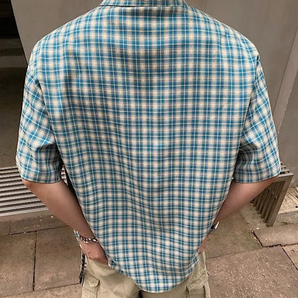 American Retro Plaid Shirt Men's Short Sleeve Summer Casual Trendy Ice Silk Men's High Fashion Brand Handsome Coat