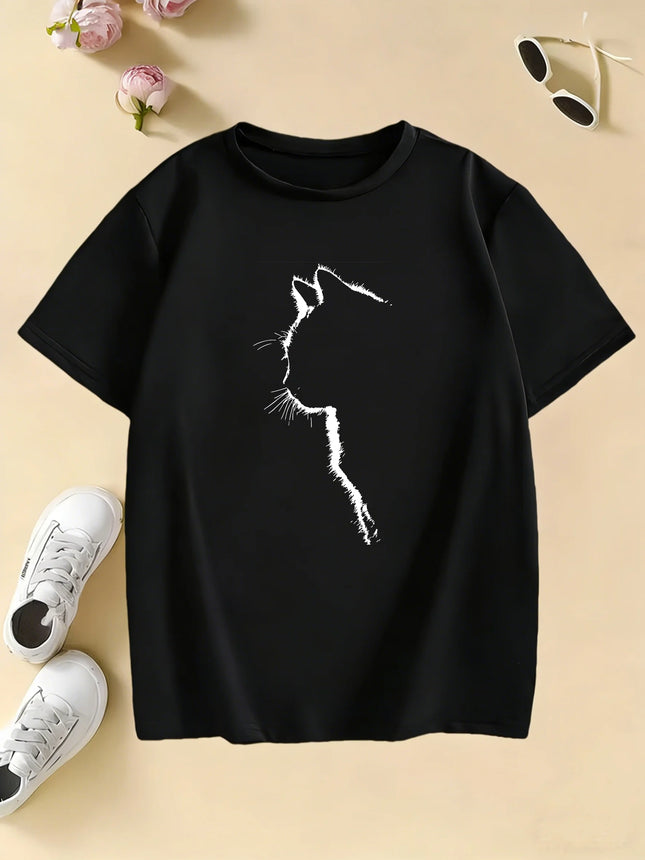 Kawaii Cat Design Printed T-Shirts Manga Kids Children's T-shirt Round Neck Boys Girls Summer Spring Casual Top Tee