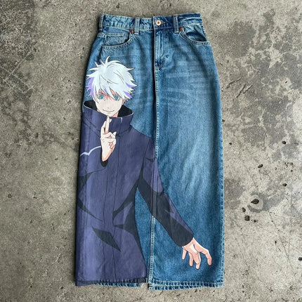 Harajuku anime characters printing jean new wide leg denim pants y2k mens jeans streetwear style couples trouser black jeans