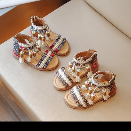Girls Sandals Ethnic Retro Children Fashion Casual Shoes Tassels 2024 Back Zipper Summer New Sandals Kids Pattern GLADIATOR Cute