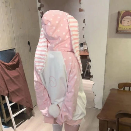 Japanese Kawaii Rabbit Ears Hoodies Tops Women Design Loose Dot Lace Patchwork Cute Coat Harajuku Chic Sweet Lovely Sweatshirts