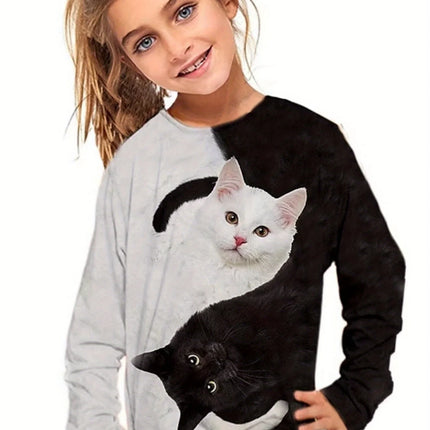 Children's Clothing Girl T-Shirts Long Sleeve Child T Shirt Cartoon Round Neck Cat Print Casual Kids Summer Clothes Girl Top Tee
