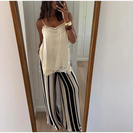 Women Lace Patchwork Sling Top Sexy V-neck Sleeveless Side Split Solid Color Vest 2025 New Summer Lady Party Vacation Tops