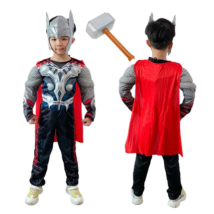 Kids Thor Muscle Costume Jumpsuit Superhero Thor Cosplay Jumpsuit Mask Hammer Suit Halloween Costumes for Child
