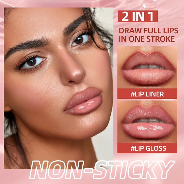 Double Head Mirror Lip Glaze 2 in 1 Lipliner Pen Water Light Lip Gloss Makeup Set Matte Velvet Lip Liner Pencil Contour Cosmetic