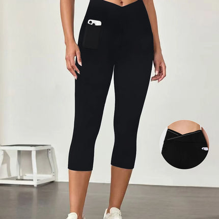 Women's Super Soft Crossover High Waisted Capri Pants With Pockets Tummy Control No See Through Workout Yoga Running Leggings