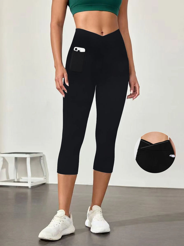 Women's Super Soft Crossover High Waisted Capri Pants With Pockets Tummy Control No See Through Workout Yoga Running Leggings