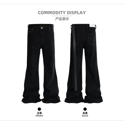 MIJKO Ribbons Slightly Stretch Baggy Flared Jeans for Men High Street Black Color Boom Cut Oversized Casual Denim Trousers