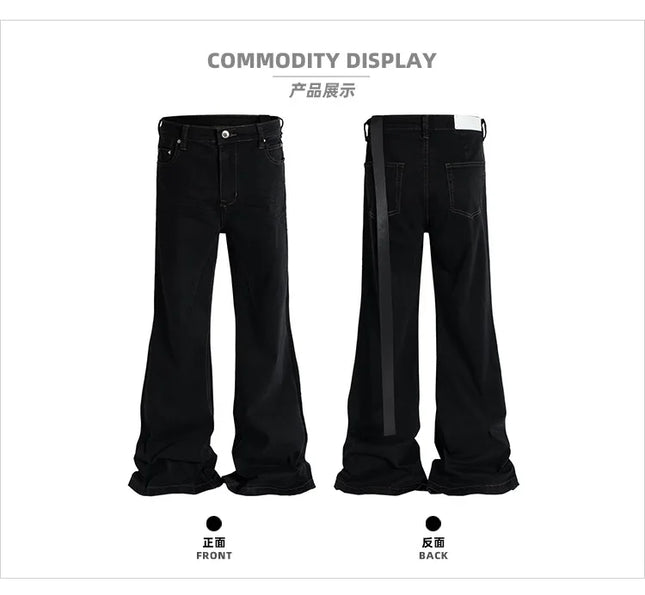 MIJKO Ribbons Slightly Stretch Baggy Flared Jeans for Men High Street Black Color Boom Cut Oversized Casual Denim Trousers
