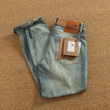 2025 Summer New American Retro Heavyweight Elastic Denim Jeans Men's Simple 93.7% Cotton Washed Old Straight Casual Patch Pants