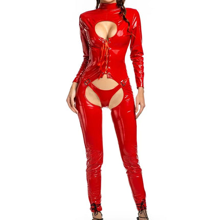 Women Sexy Hollow Out Latex Catsuit PVC Faux Leather Wetlook Jumpsuit Hot Exotic Costume Lingerie PU Bodysuit Clubwear Overalls