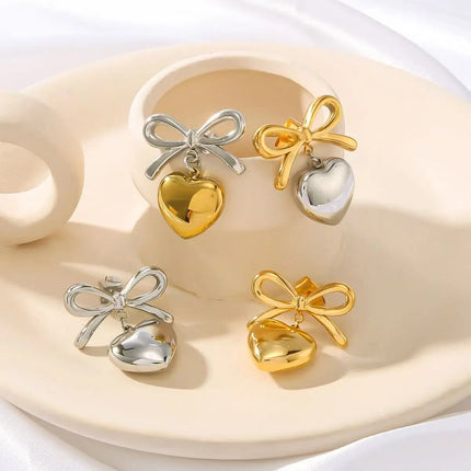 Fashionable elegant waterproof stainless steel bow heart-shaped pendant women's earrings jewelry party wedding 2025 new item