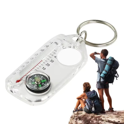 3 in 1 Keychain Compass Portable Mini Keychain Outdoor Thermometer Magnifying Glass Compass, Camping Essentials, Survival Tools,