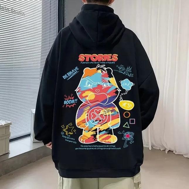 【M-8XL Hoodies】Men Oversized Hoodie Fashion Loose American Color Graffiti Bear Print Long Sleeve Couple Clothes
