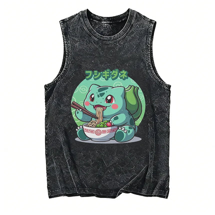 Vintage Washed Pokemon Gengar T Shirt Men Vest 2026 Summer Sleeveless Shirt Ramen Print Streetwear Loose Casual Men's Tank Top